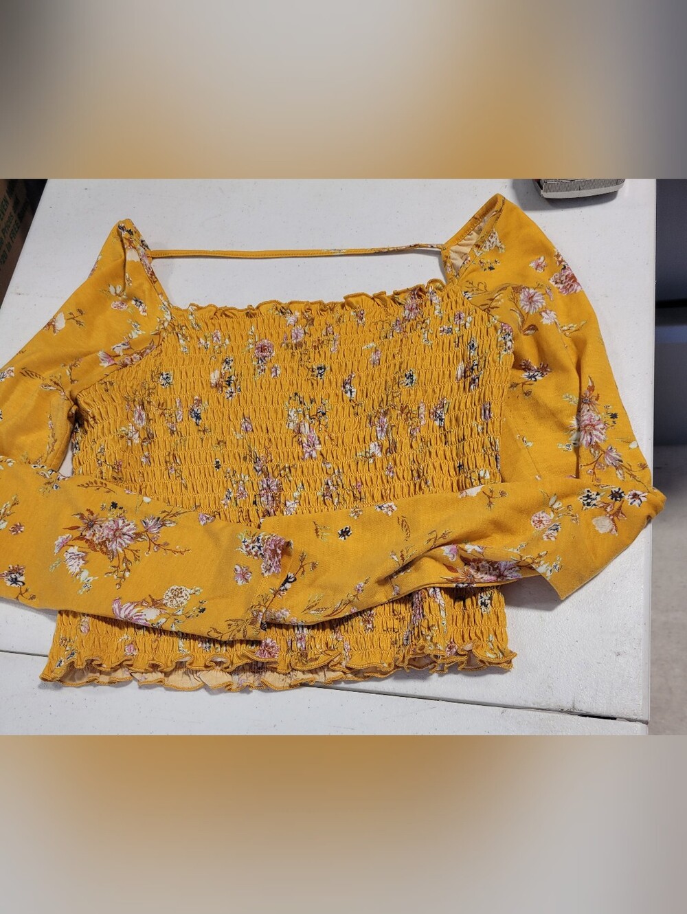 love, Fire Yellow Floral Smocked Crop Top - Picture 1 of 4